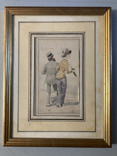 Dessin Femme Élégante Léon Joseph VOIRIN  Aquarelle  1880 Ancien Art Signé