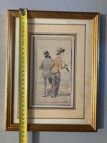 Dessin Femme Élégante Léon Joseph VOIRIN  Aquarelle  1880 Ancien Art Signé