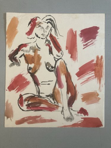 Dessin Femme Nu Assis Gouache Corps 1980 Papier A Identifier Expressionnisme Art