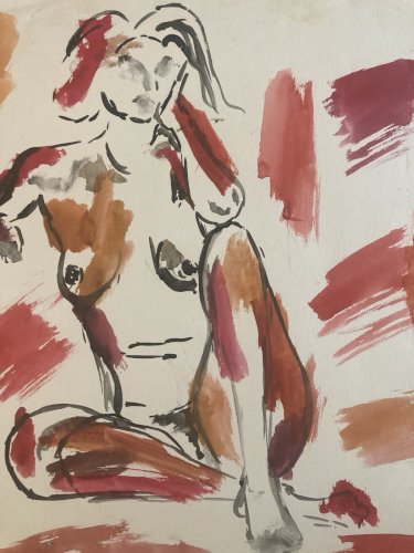 Dessin Femme Nu Assis Gouache Corps 1980 Papier A Identifier Expressionnisme Art
