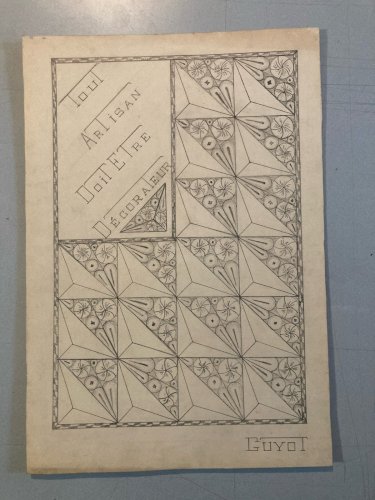 Dessin Fleur 1950 Original Art Deco Motif Artisan Crayon Papier Ancien