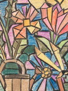 Dessin Fleur Ciseaux Crayon Couleur Plante Papier 1950 Ancien Art
