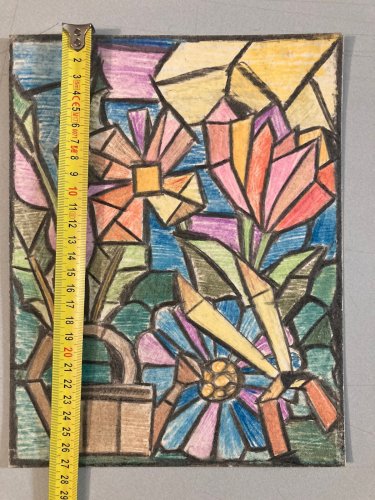 Dessin Fleur Ciseaux Crayon Couleur Plante Papier 1950 Ancien Art