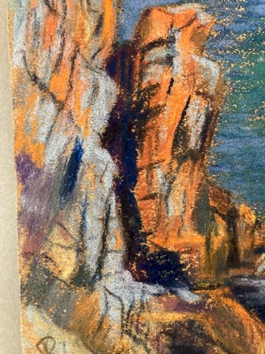 Dessin Fusain 1920 Mer Océan Bretagne ?Papier Art Deco Ancien  Epoque