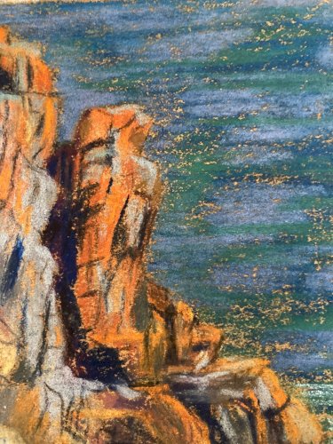 Dessin Fusain 1920 Mer Océan Bretagne ?Papier Art Deco Ancien  Epoque