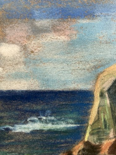 Dessin Fusain 1920 Océan Mer Bretagne ?Papier Art Deco Ancien  Epoque