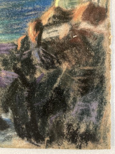 Dessin Fusain 1920 Océan Mer Bretagne ?Papier Art Deco Ancien  Epoque