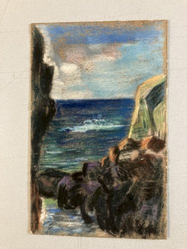 Dessin Fusain 1920 Océan Mer Bretagne ?Papier Art Deco Ancien  Epoque