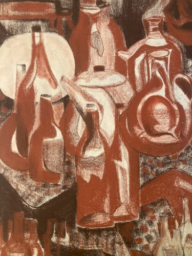 Dessin Fusain 1970 Nature Morte A Identifier Bouteille Pot Art Cuisine