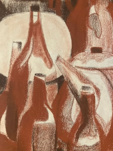 Dessin Fusain 1970 Nature Morte A Identifier Bouteille Pot Art Cuisine