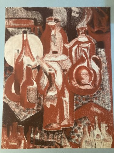 Dessin Fusain 1970 Nature Morte A Identifier Bouteille Pot Art Cuisine