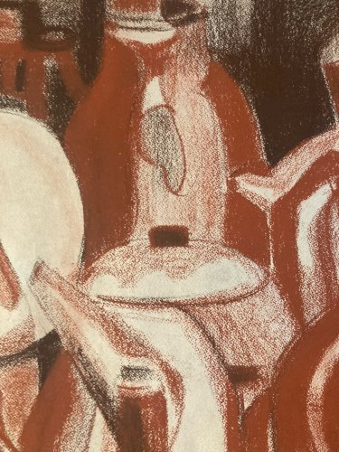 Dessin Fusain 1970 Nature Morte A Identifier Bouteille Pot Art Cuisine