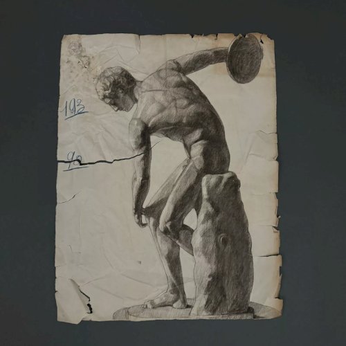 Dessin fusain Beaux-Arts Discobole par Berger-Lheureux XXe A5448