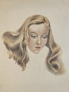 Dessin Fusain femme art 1950 Pin Up Pin-Up Ancien Visage Tête Blonde