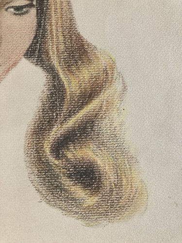 Dessin Fusain femme art 1950 Pin Up Pin-Up Ancien Visage Tête Blonde