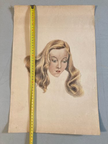 Dessin Fusain femme art 1950 Pin Up Pin-Up Ancien Visage Tête Blonde