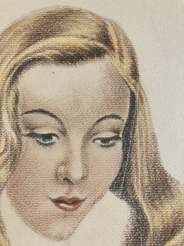 Dessin Fusain femme art 1950 Pin Up Pin-Up Ancien Visage Tête Blonde