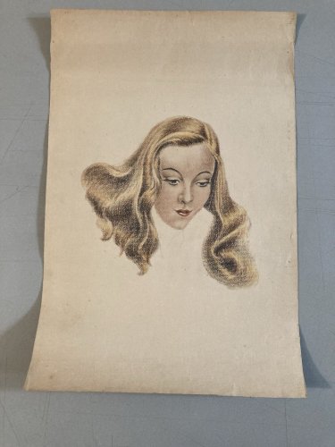 Dessin Fusain femme art 1950 Pin Up Pin-Up Ancien Visage Tête Blonde