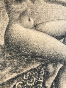 Charcoal drawing of a woman, 1950s Pin-Up art, USA, study, old American school.