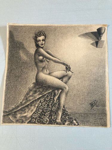 Dessin Fusain femme art 1950 Pin Up USA  étude Ancien ecole Américain