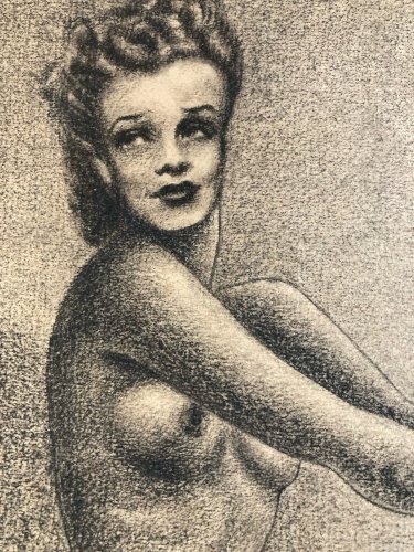 Dessin Fusain femme art 1950 Pin Up USA  étude Ancien ecole Américain