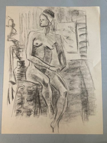 Dessin Fusain Femme Noire Nue Erotique Cubiste Post Cubisme Papier 1960