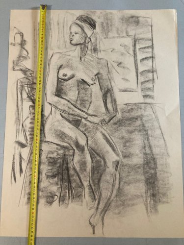 Dessin Fusain Femme Noire Nue Erotique Cubiste Post Cubisme Papier 1960