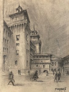 Dessin Fusain ferrare ville italie chateau place Sur Papier a identifier XX
