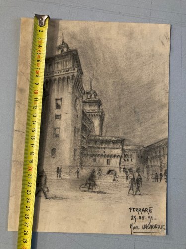Dessin Fusain ferrare ville italie chateau place Sur Papier a identifier XX