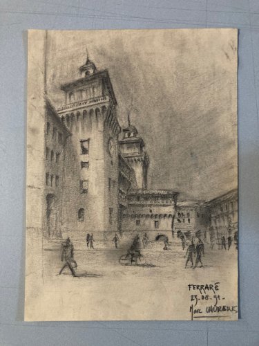 Dessin Fusain ferrare ville italie chateau place Sur Papier a identifier XX