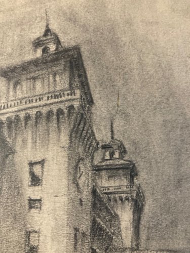 Dessin Fusain ferrare ville italie chateau place Sur Papier a identifier XX