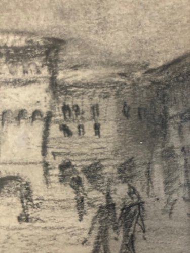 Dessin Fusain ferrare ville italie chateau place Sur Papier a identifier XX