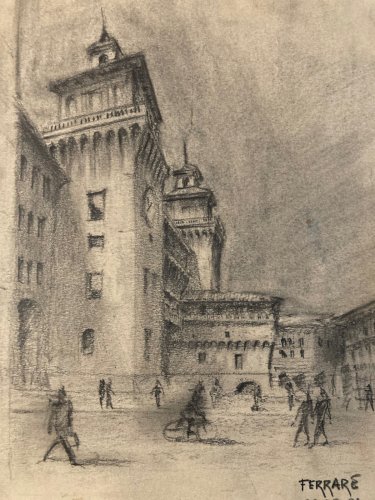Dessin Fusain ferrare ville italie chateau place Sur Papier a identifier XX