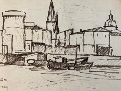 Dessin Fusain La Rochelle Cubiste Post Cubisme Papier 1960 Art Pêche Bateau
