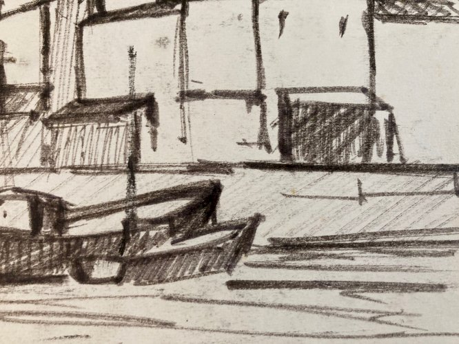 Dessin Fusain La Rochelle Cubiste Post Cubisme Papier 1960 Art Pêche Bateau