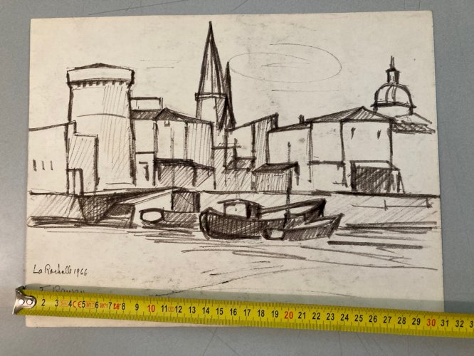 Dessin Fusain La Rochelle Cubiste Post Cubisme Papier 1960 Art Pêche Bateau