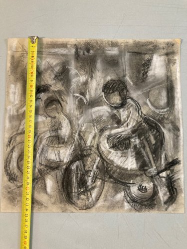 Dessin Fusain Moto Course Futurisme Futuriste Papier a identifier 1960 Art