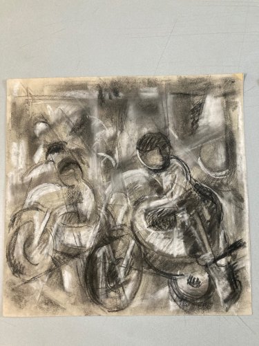 Dessin Fusain Moto Course Futurisme Futuriste Papier a identifier 1960 Art
