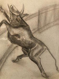 Dessin Fusain noir Vache art Corrida Tauromachie 1960 Animal Taureau Drawing Old