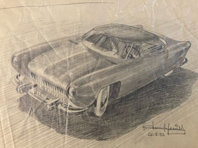 Dessin Fusain Papier Design Voiture Collection Art 1950 Automobile