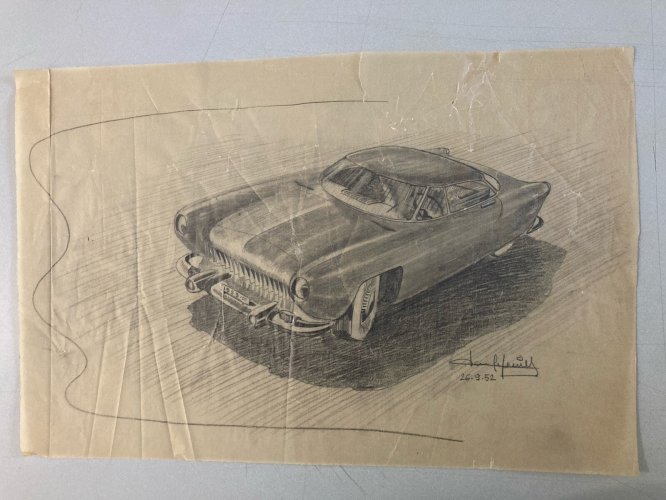 Dessin Fusain Papier Design Voiture Collection Art 1950 Automobile
