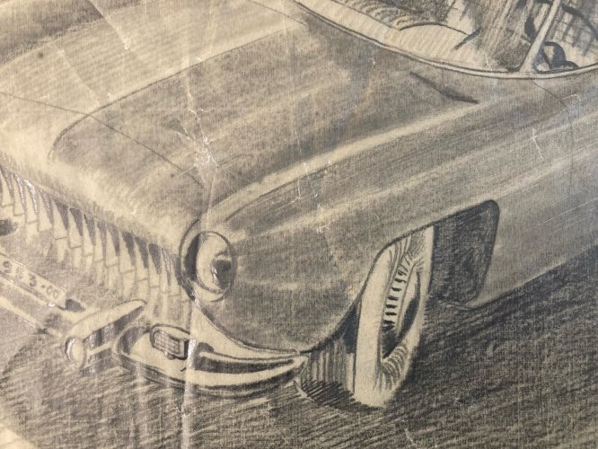 Dessin Fusain Papier Design Voiture Collection Art 1950 Automobile