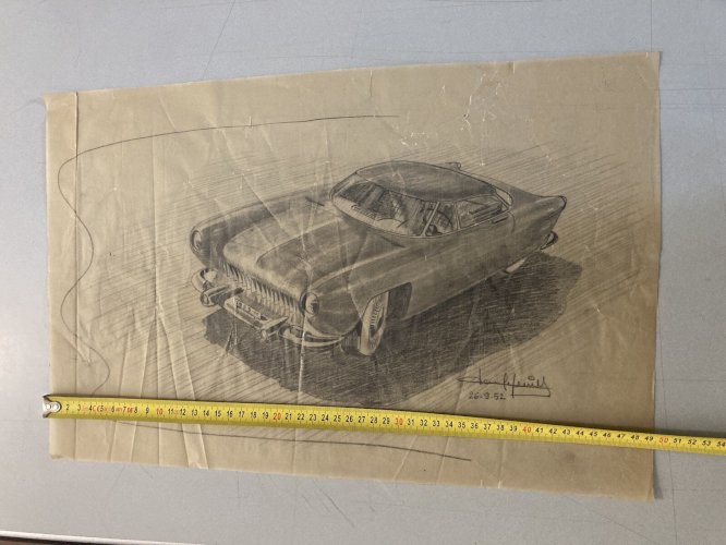 Dessin Fusain Papier Design Voiture Collection Art 1950 Automobile