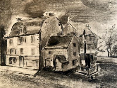 Dessin Fusain Papier Maison Calvaire Collection Art 1937 Signé Fau