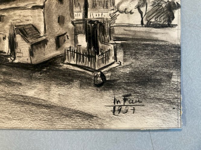 Dessin Fusain Papier Maison Calvaire Collection Art 1937 Signé Fau