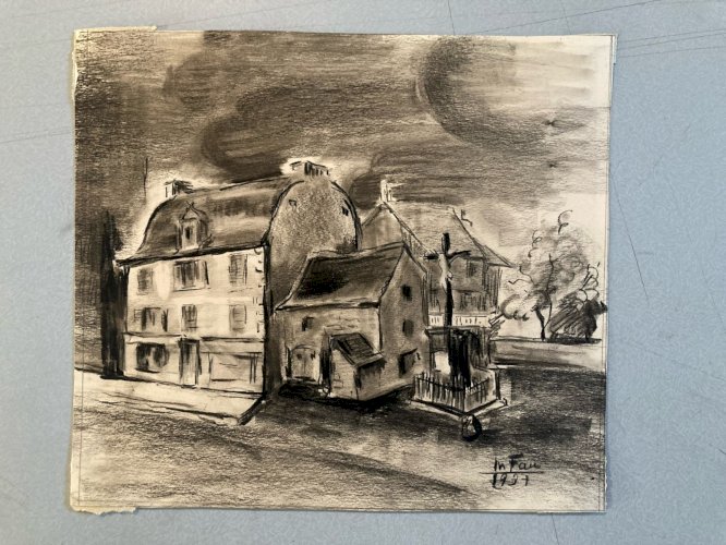 Dessin Fusain Papier Maison Calvaire Collection Art 1937 Signé Fau