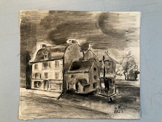 Dessin Fusain Papier Maison Calvaire Collection Art 1937 Signé Fau
