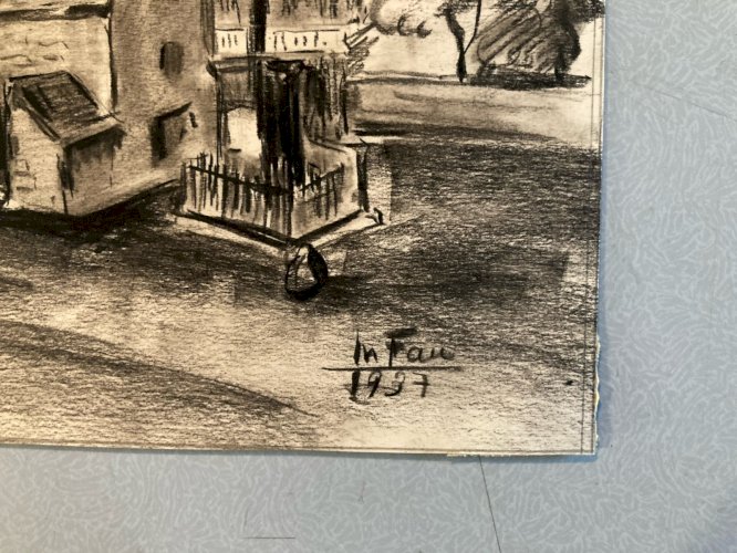 Dessin Fusain Papier Maison Calvaire Collection Art 1937 Signé Fau