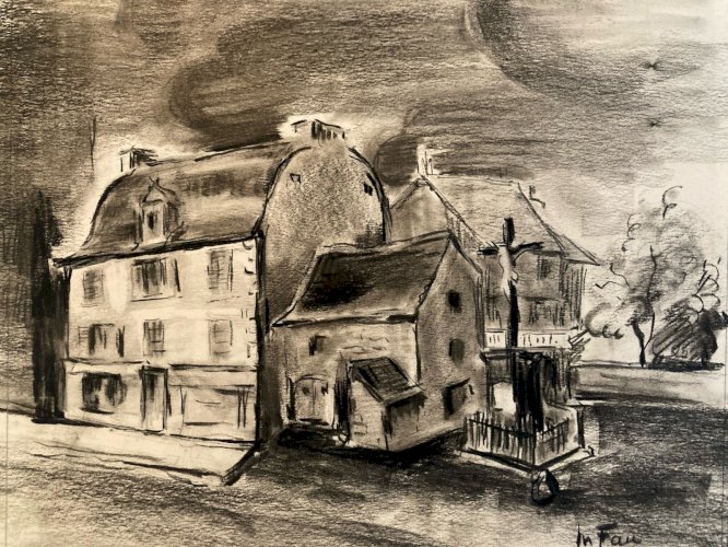 Dessin Fusain Papier Maison Calvaire Collection Art 1937 Signé Fau