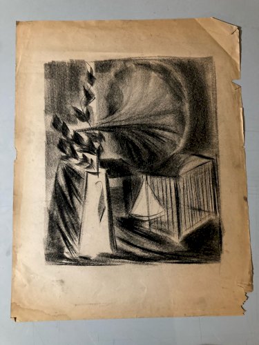 Dessin Fusain Papier Nature Morte Constructivisme 1950 Cubisme Art Cubiste XXe